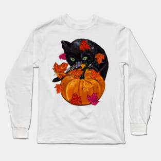 Pumpkin,maple leaf, black cat and falling autumn leaves Long Sleeve T-Shirt